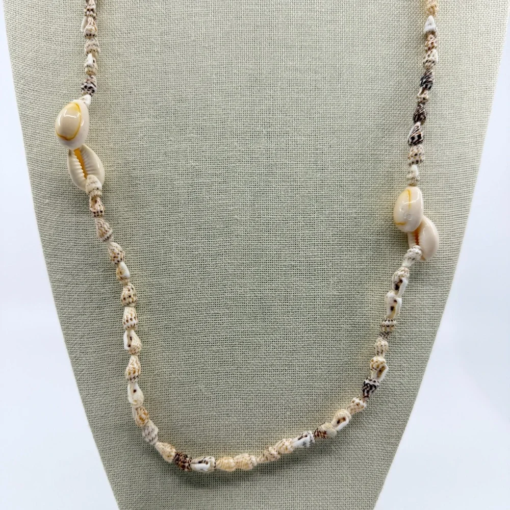 Natural Cowrie Seashell Long Necklace Cream Brown Coastal Boho Statement Gift